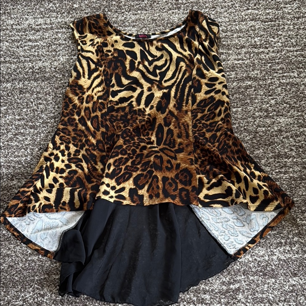 Brown and Tan Asymmetrical Blouse with Animal Print